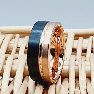 Unisex Tungsten Carbide Ring with Rose Gold Accent and Polished Finish W867
